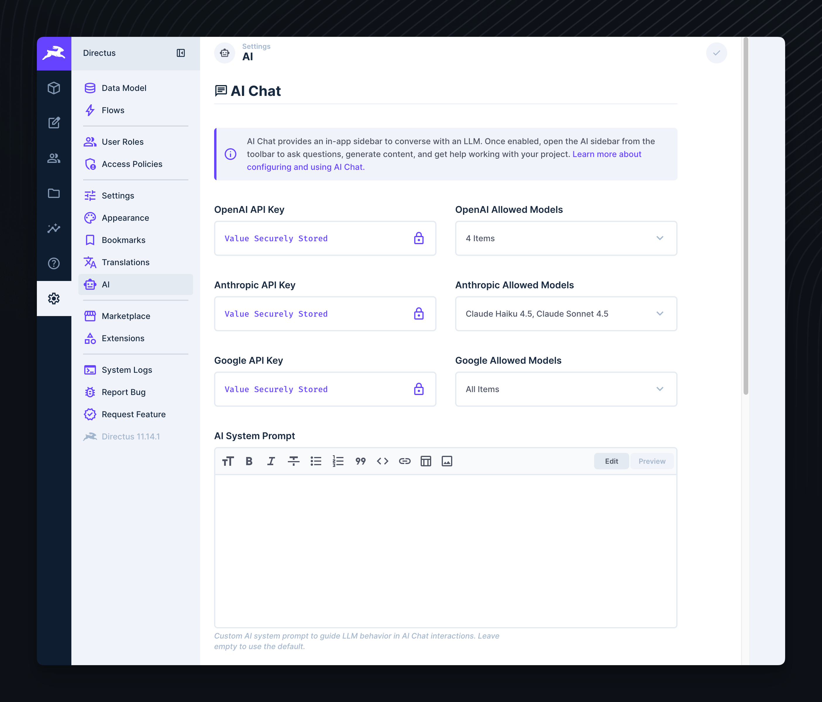 AI Settings page in Directus